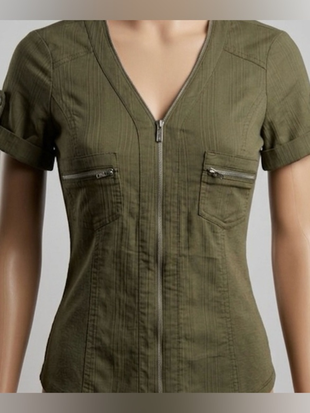 GUESS Olive Green Short Sleeve Zip-Front Shirt